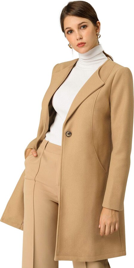 Allegra K Women's Mid-length Collarless Minimalist Business Winter Long Coat  Khaki 20 - ShopStyle