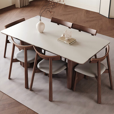 Rectangular Sintered Stone Solid Ash Wood Dining Table and Chair Set,4-Chairs