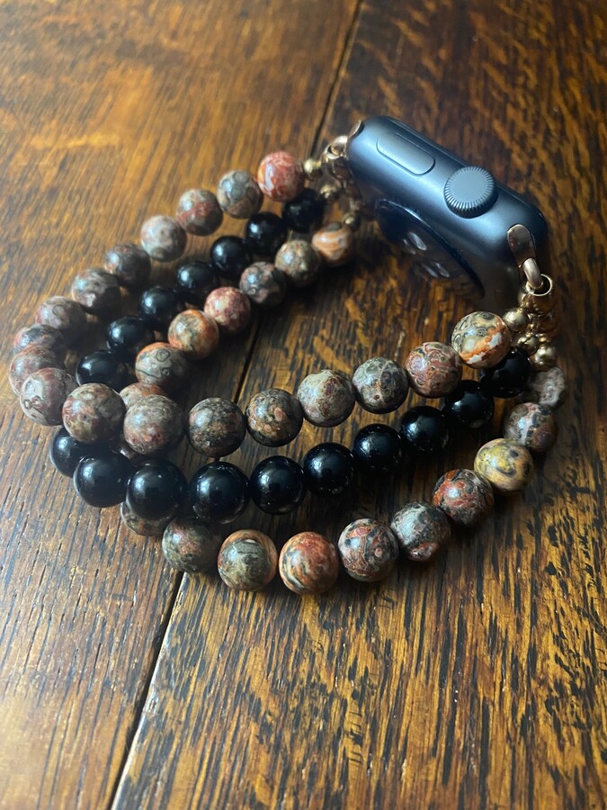 Tourmaline Leopard Skin Jasper Stainless Steel Beaded Apple Watch Band