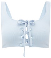 Thumbnail for your product : Ganni Lace-up Ribbed Bikini Top - Light Blue
