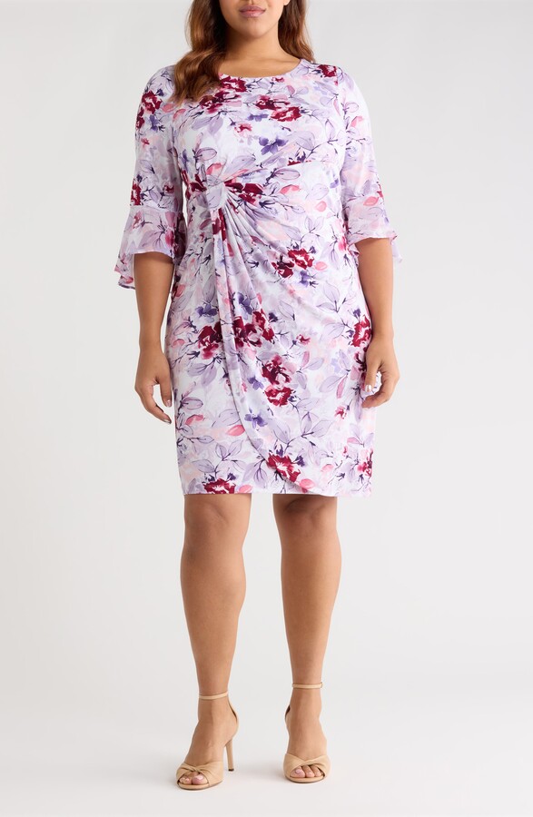 Connected Apparel Gathered Long Bell Sleeve Dress