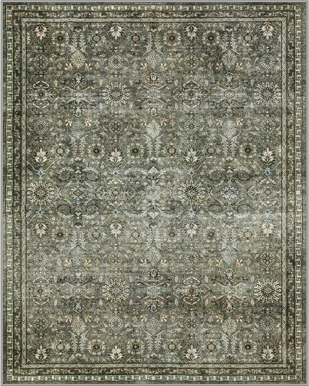 Lahome 8 x 10 (ft) Dark Green Vintage Full Coverage Floral Border Short Pile Velvet Rectangular Indoor Area Rug