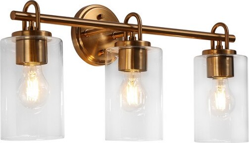 LNCNaturestrl22-inPolishedGoldBathroomVanityLightwithClearGlassCylinderShadesModern3-Light