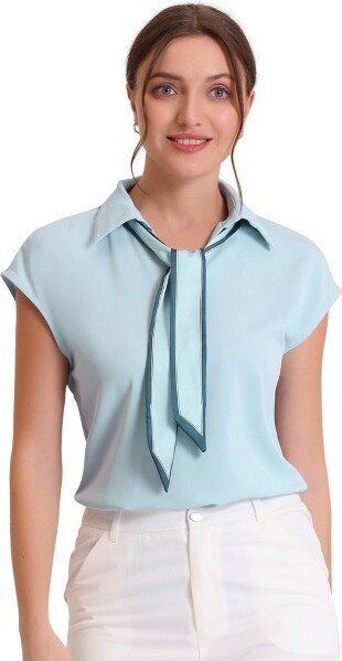 Allegra K Women's Bow Tie Neck Top Point Collar Cap Sleeve Casual