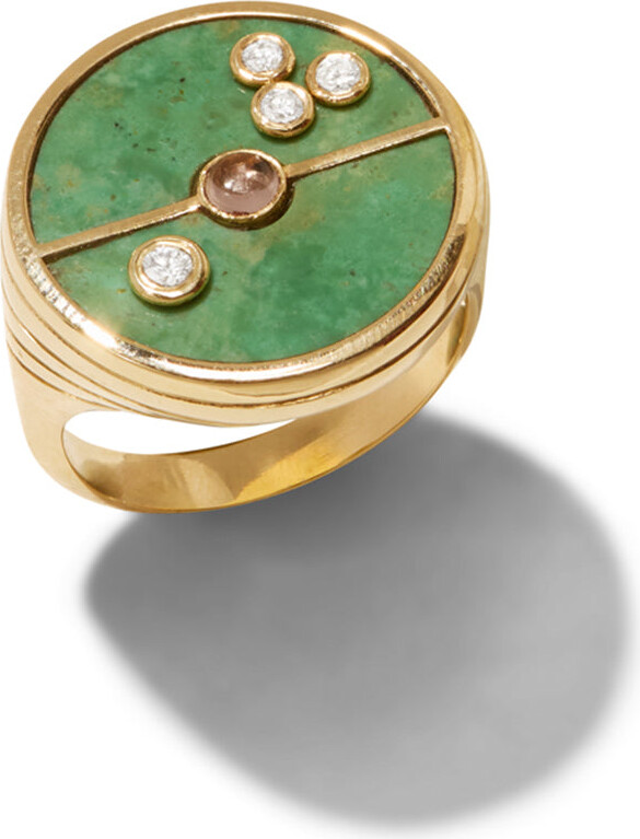 Retrouvaí Green Turquoise and Lotus Garnet Compass Yellow Gold Ring