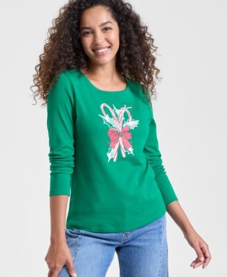 Holiday Lane Womens Candy Cane Graphic Top Macys Exclusive