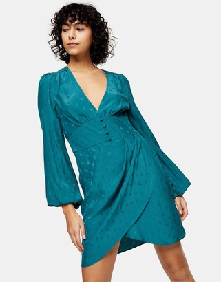 Topshop jacquard plunge button mini dress in green - ShopStyle