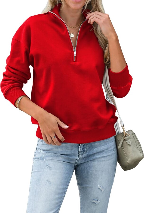 Dressmine Womens Pullover Quarter Zip Shirts Casual Ribbed Long Sleeve Sweatshirts Lightweight Drop Shoulder Knitted Tops Red S