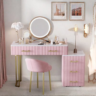 Vanity Desk With Padded Chair, 5 Big Drawers And Adjustable Storage