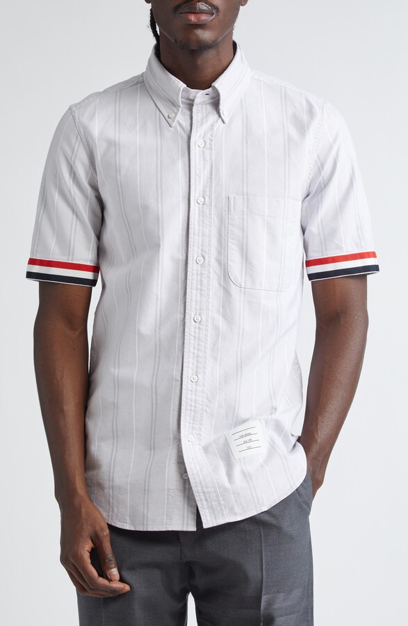 Thom Browne Straight Fit Stripe Short Sleeve Cotton Button-Down Shirt