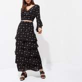 Thumbnail for your product : River Island Womens Black ditsy floral print tiered maxi skirt
