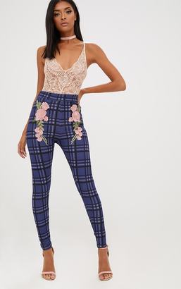 PrettyLittleThing Navy Check Applique Skinny Trousers
