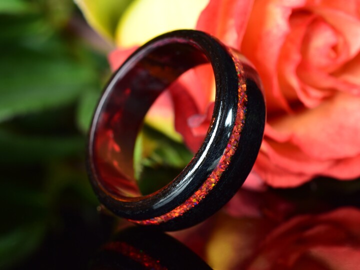 Black Poplar Wood Ring | Crushed Red Opal Epoxy Core Bentwood For Men Women