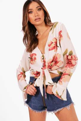 boohoo Floral Button Up Tie Neck Blouse