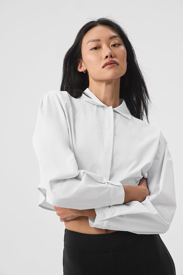 ALO | Cropped Take Me Out Button Up Top in White, Size: Medium
