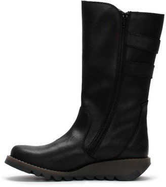 Fly London Suli Black Leather Low Wedge Calf Boots
