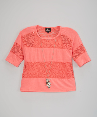 Dollhouse Coral Lace-Stripe Top & Owl Necklace - Girls