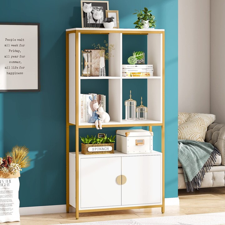 Bluebell White Gold Bookshelf with Doors, Modern Etagere Bookcase with Storage for