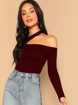 Thumbnail for your product : Shein Asymmetric Cutout Neck Ribbed T-shirt