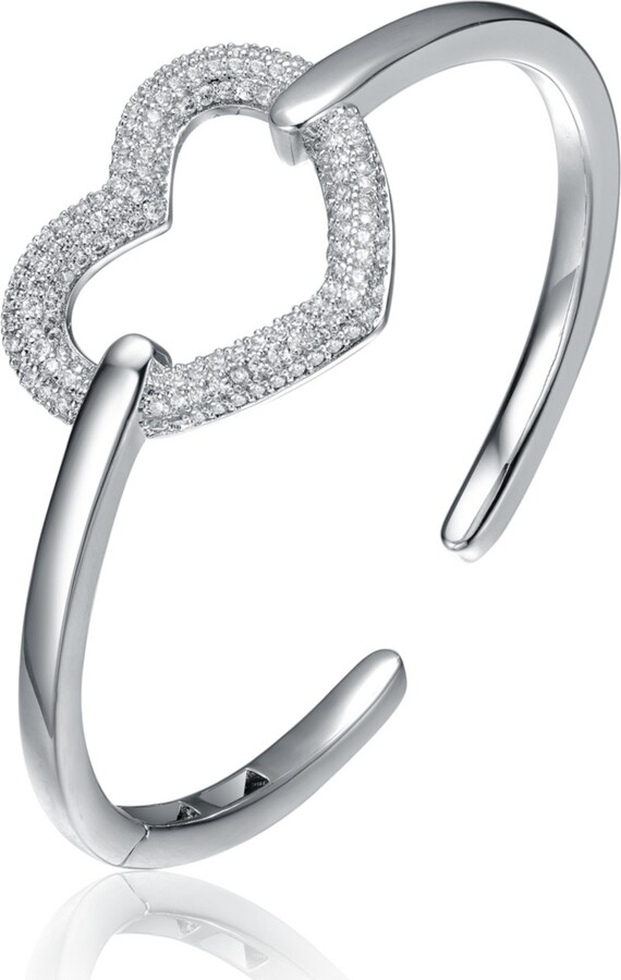 Genevive White Gold Plated Sterling Silver with Cubic Zirconia French Pave Heart Halo Bracelet