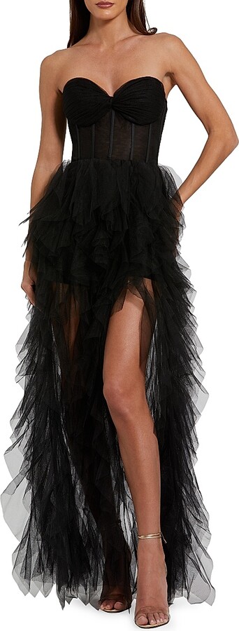 Women's Tulle Strapless Bustier Ruffled Gown - Black - Size 2