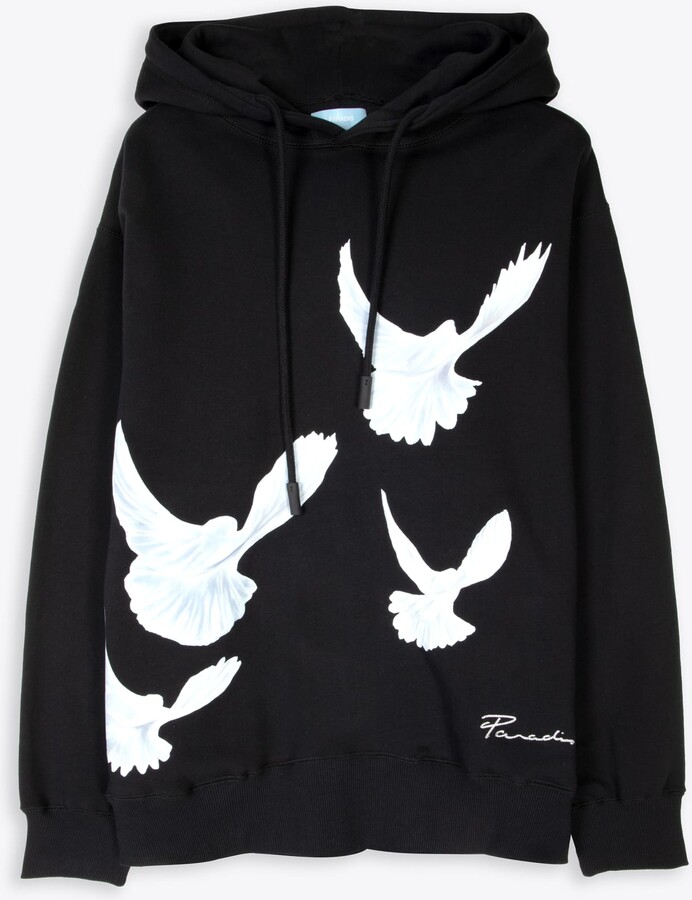 3.Paradis Hooded Sweater 'singing Doves' Black Hoodie With White Doves