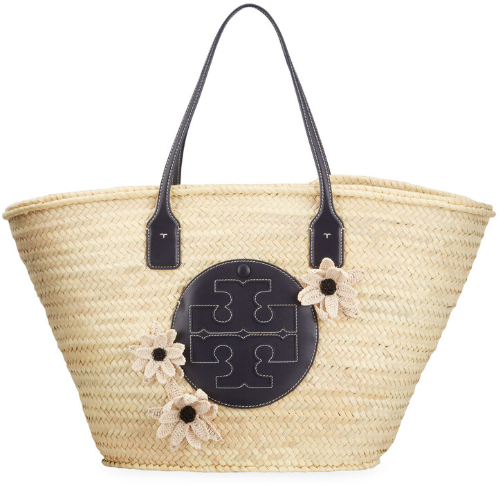 Tory Burch Ella Straw Basket Tote Bag w/ Floral Applique - ShopStyle