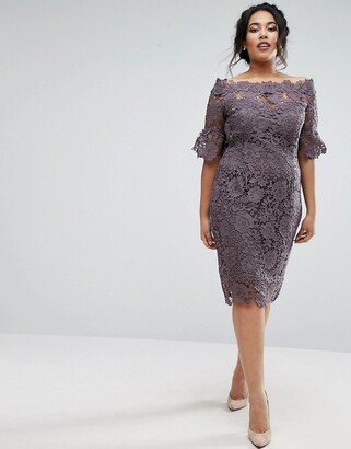 Paper Dolls Plus bardot crochet dress with fluted sleeve in charcoal