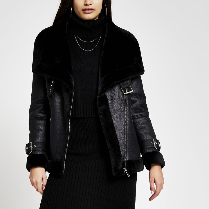 river island black maximus belted shearling jacket