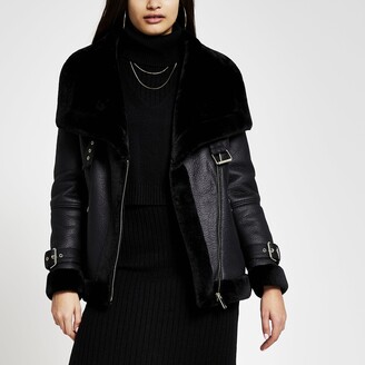 river island black maximus belted shearling jacket