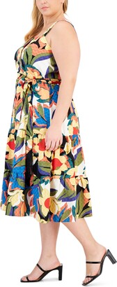 Tahari Plus Size Square-Neck Tie-Waist Midi Dress