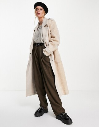 Object oversized coat with teddy inserts in beige