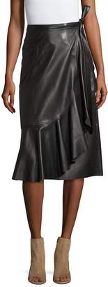 Helmut Lang Leather Ruffle A-Line Midi Skirt, Black