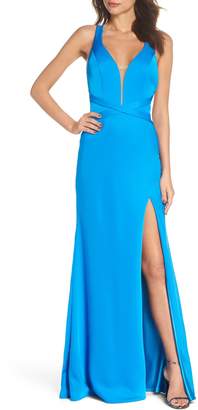 La Femme SATIN GOWN WITH PLUNGING NECKL