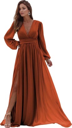 L/Y Women's V Neck Long Sleeve Prom Dress with Slit Ruched Chiffon  Bridesmaid Dresses Evening Party Formal Gown Burnt Orange UK 6 - ShopStyle  Bridal