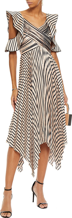 Self-Portrait Asymmetric pleated striped satin midi dress - ShopStyle