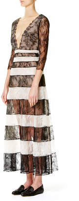 Carolina Herrera Striped Lace 3/4-Sleeve Gown, Black/White