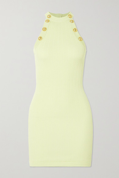 Balmain Button-embellished Ribbed-knit Mini Dress - Yellow - ShopStyle