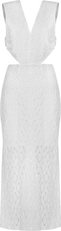 Women & Women Venice White Embroidered Waist Ring Detailed Long Cut-Out Dress
