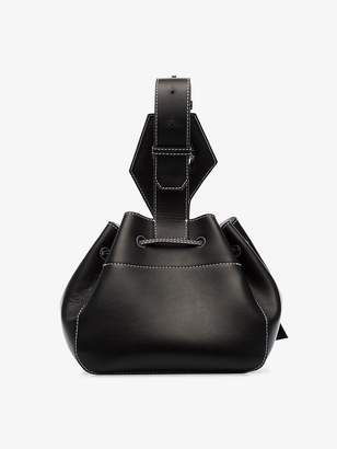 Ganni black logo stripe small leather drawstring bag
