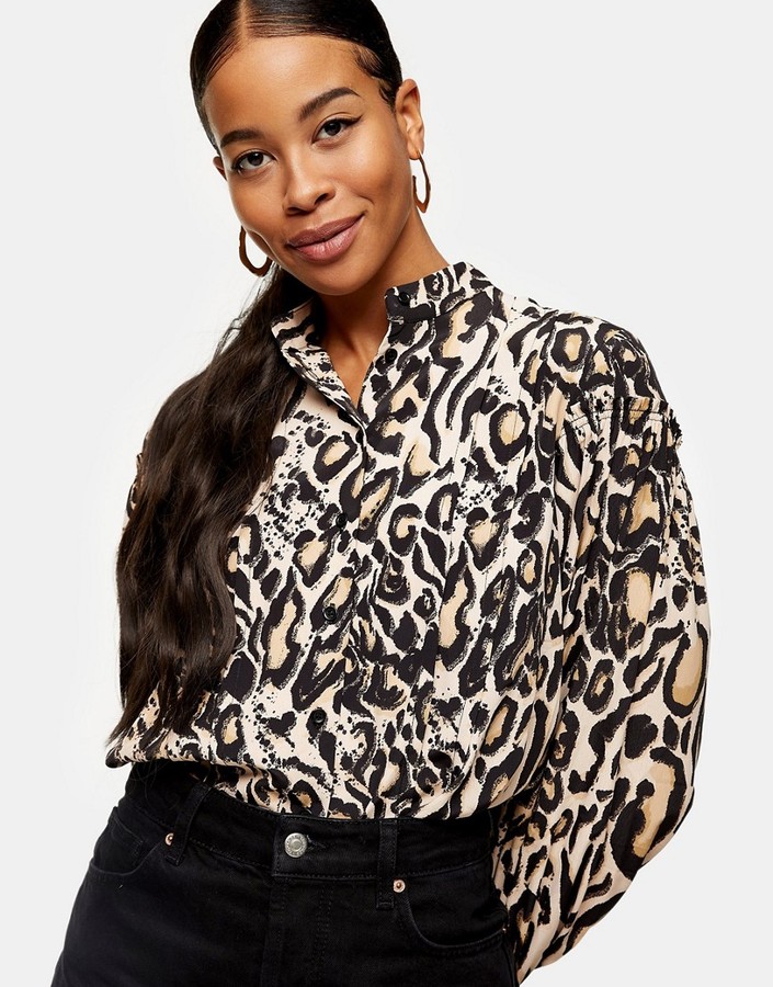 Topshop blouse with puff sleeves in animal print - ShopStyle