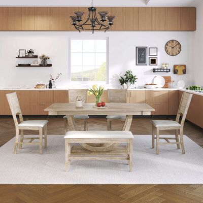 Mercer41 6-Piece Half Round Dining Table Set Kitchen Table Set With Long Bench And 4 Dining Chairs Modern Style