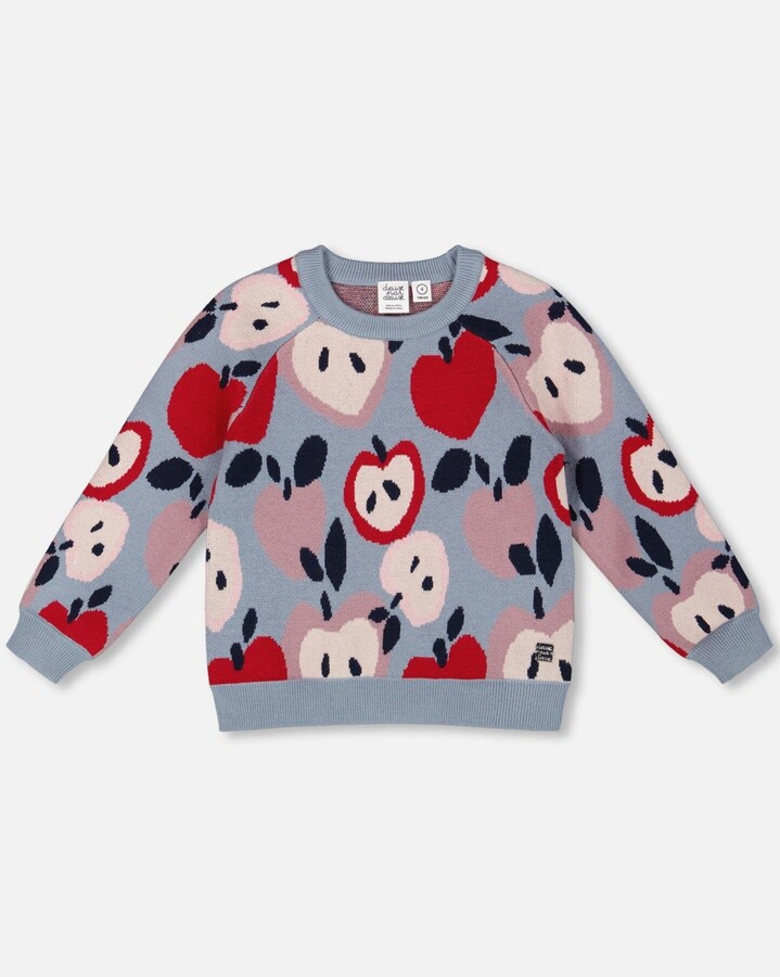 Deux par Deux Big Girls Knit Sweater Blue and Red with Apple Heart Jacquard