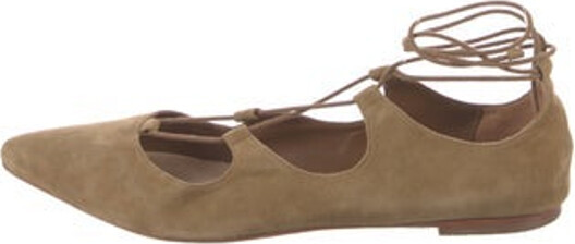 Loeffler Randall Suede Ballet Flats Brown Leather Rubber & Suede Trim Pointed-Toes with Cutout Accent Wrap-Around Straps & Tie Closures