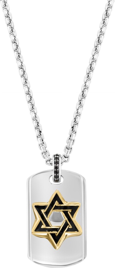 Effy Men's Black Spinel Star of David Dog Tag 22" Pendant Necklace (1/10 ct. t.w.) in Sterling Silver & Gold-Plate