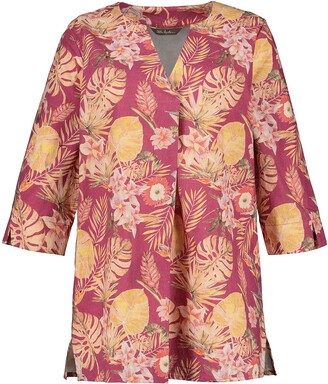 Ulla Popken Womenswear Plus Size Curvy Oversize Graphic Leaf Print Linen Blend Tunic Magnolia Red Multi 54+ 795404820-54+