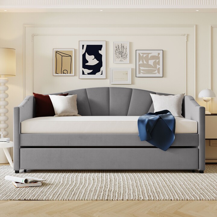 IGEMANINC 81" Upholstered Daybed Sofa Bed Twin Size with Trundle Bed and Wood Slat, Sloped Arm