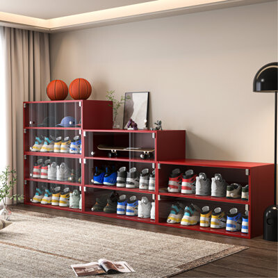 Wrought Studio Shoe Box With Led Display - Store 6 Pairs Of Sneakers, Quality Wood Cabinet Show Stores Solid Construction