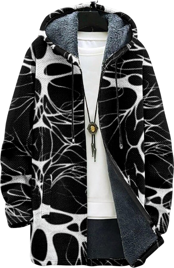DMOYALA Mens Long Cardigan Hoodies Fleece Line Black Printed Full Zip Lined Sweater Jackets Fashion Knitted Men Hooded Coat with Pockets for 2024 Fall Winter S