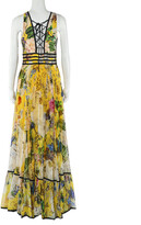 Thumbnail for your product : Roberto Cavalli Yellow Floral Printed Silk Lace Up Detail Sleeveless Maxi Dress S